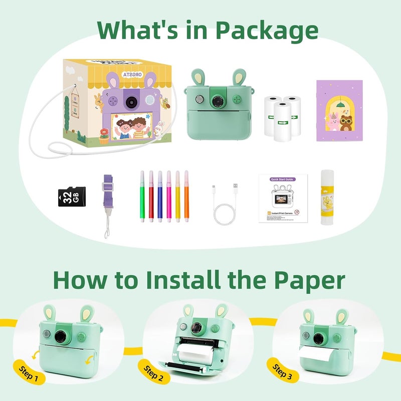 FOUGSTA Kids Instant Print Camera for Boys and Girls 1080P HD Toddler Digital Camera with 3 Rolls Print Paper&32G Card, Christmas Birthday Gift Toys for Age 3-16 Kids Portable Travel Digital Camera Toy - Image 3